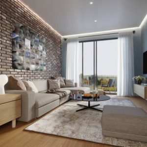 Render of contemporary cosy living room